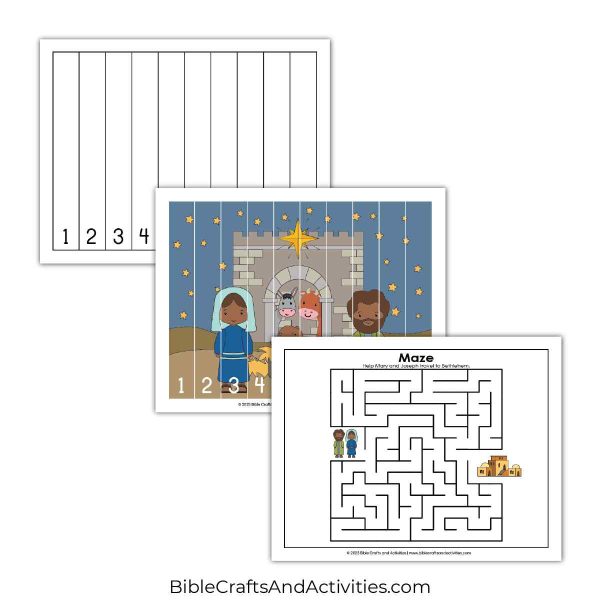 jesus is born preschool activity pages - puzzle, maze.