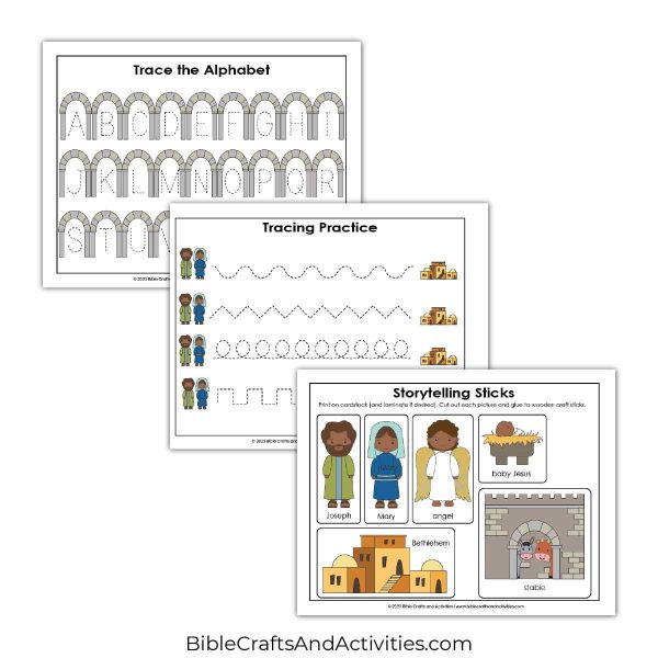 jesus is born preschool activity pages - trace the alphabet, stick puppets.