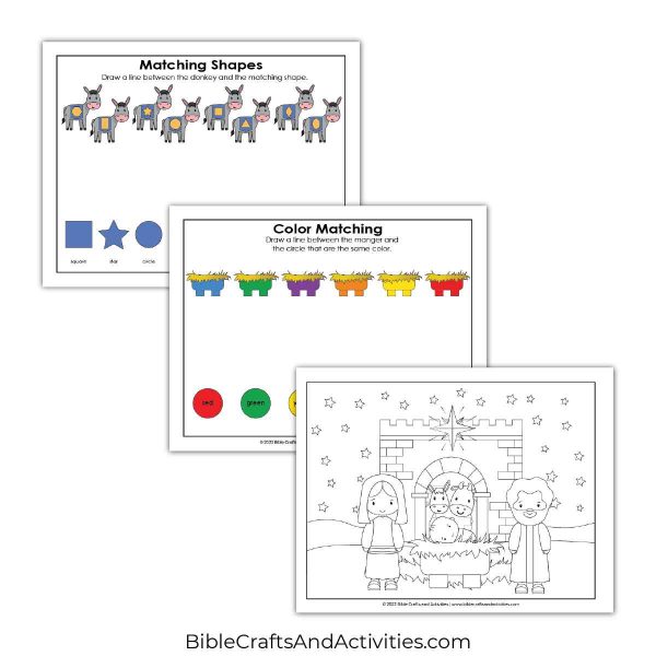 jesus is born preschool activity pages - matching shapes, coloring matching, coloring.