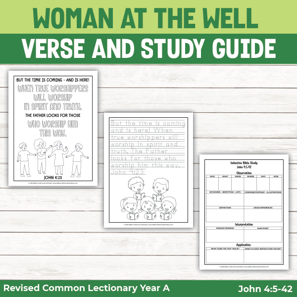 Examples of activity pages for the story of the woman at the well
