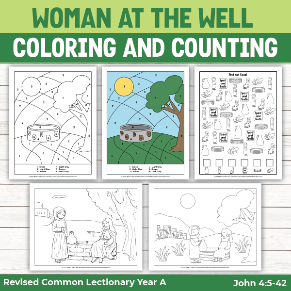 Examples of activity pages for the story of the woman at the well