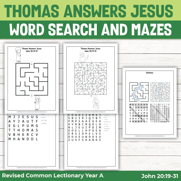 word search activity pages for Thomas Answers Jesus
