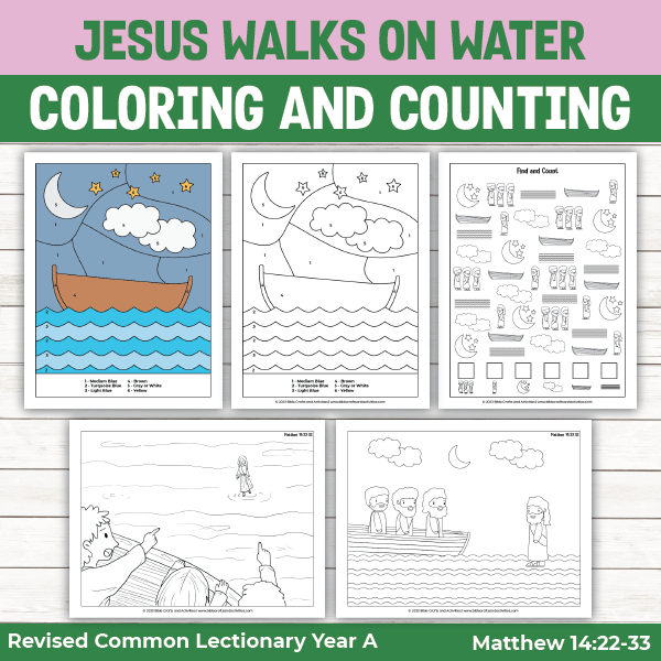coloring pages and seek and find puzzle for jesus walks on water