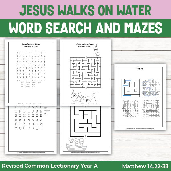 word search puzzles and mazes for the story of jesus walks on water