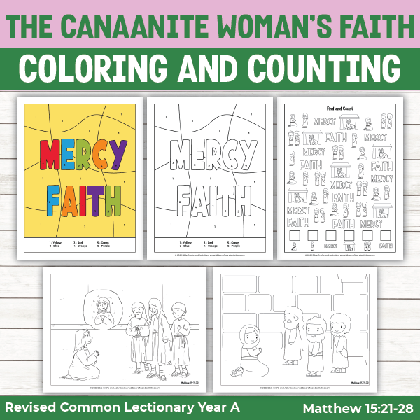 coloring pages and seek and find puzzle for the story of the canaanite woman's faith