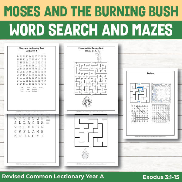 moses and the burning bush activity pages word searches and mazes