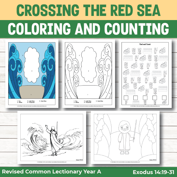 activity pages for the story of Moses and the Israelites crossing the Red Sea - coloring pages and I Spy page