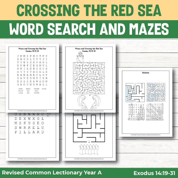 activity pages for the story of Moses and the Israelites crossing the Red Sea - word search puzzles and mazes