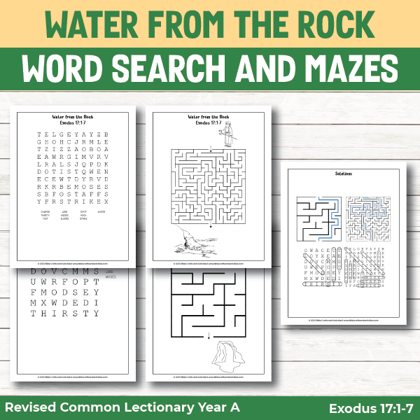 activity pages for water from the rock - word search games and mazes
