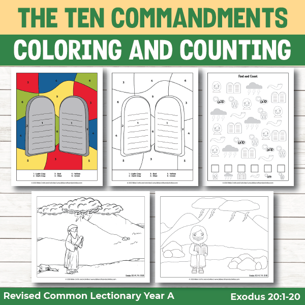 activity pages for the ten commandments - coloring pages, color by number, find and count page
