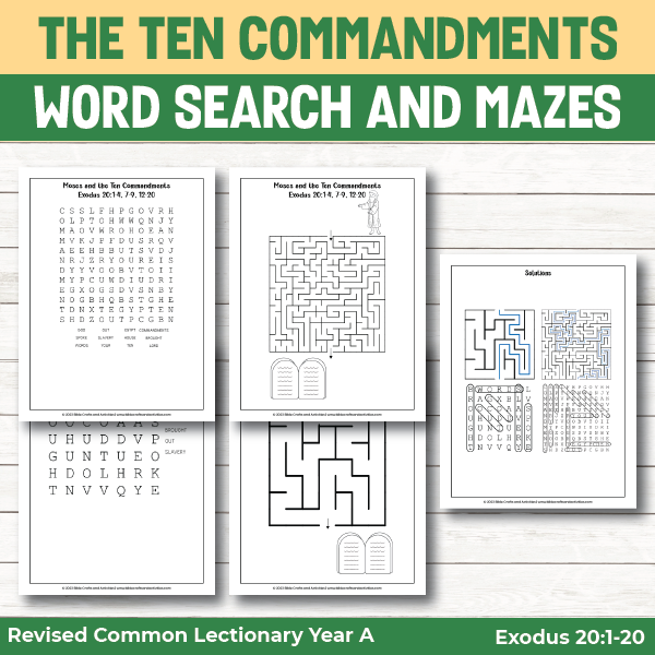 activity pages for the ten commandments - word search games and mazes