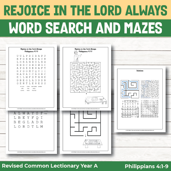 activity pages for rejoice in the lord always from Philippians 4:1-9 - word search games and mazes