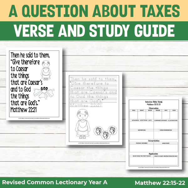 activity pages for a question about taxes - bible verse pages and study guide