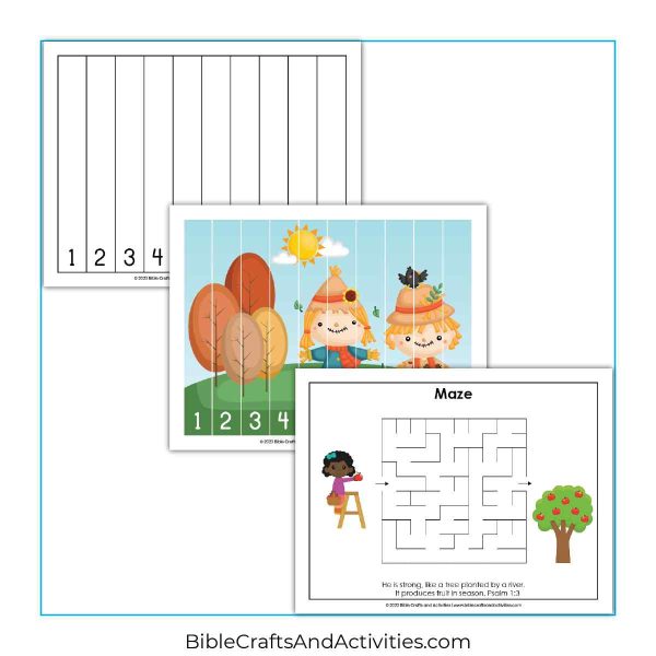 fall bible fun preschool activity pages - puzzle and maze