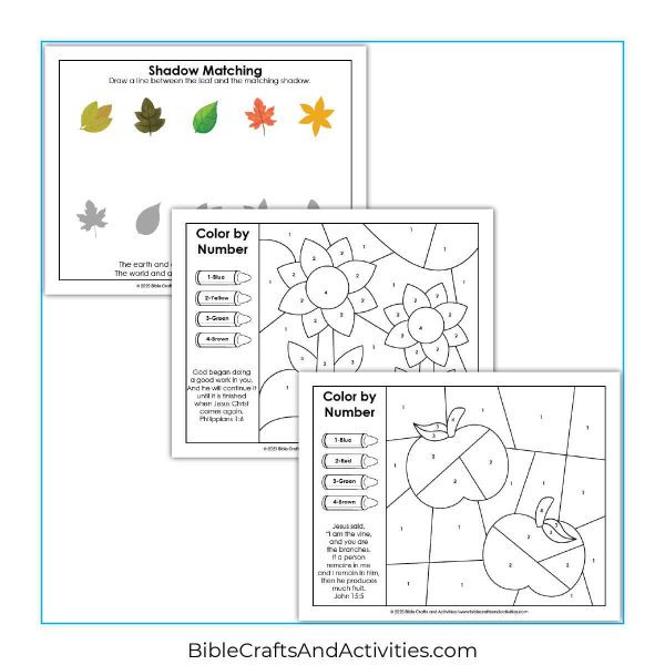 fall bible fun preschool activity pages - color by number and shadow matching