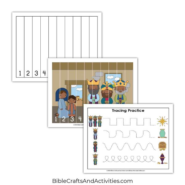 wise men bring gifts preschool activity pages - puzzle and tracing practice.
