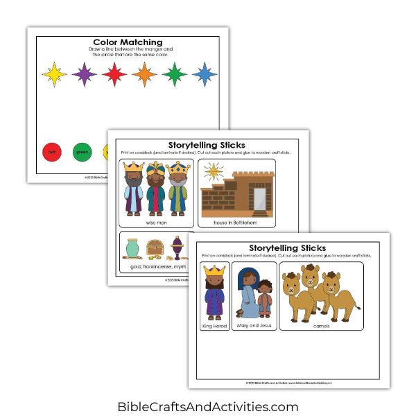 wise men bring gifts preschool activity pages - color matching and stick puppets.