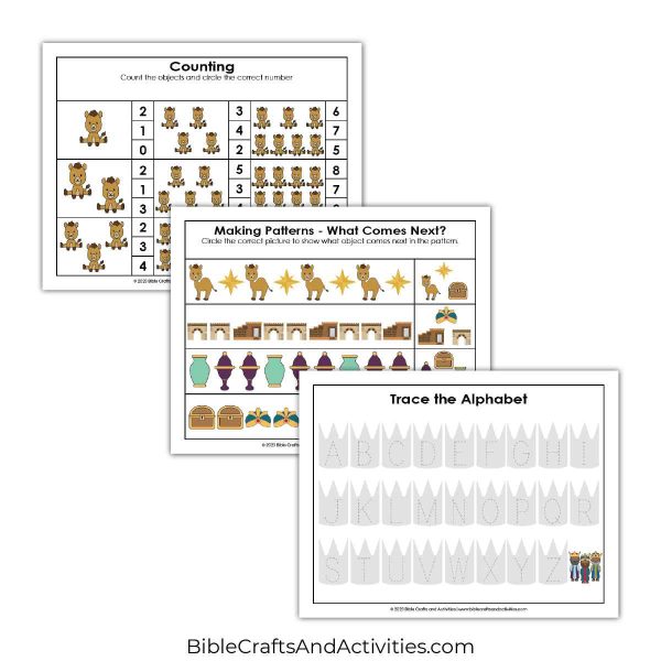 wise men bring gifts preschool activity pages - counting, patterns, tracing.