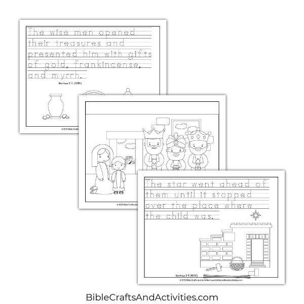 wise men bring gifts preschool activity pages - copywork and coloring.