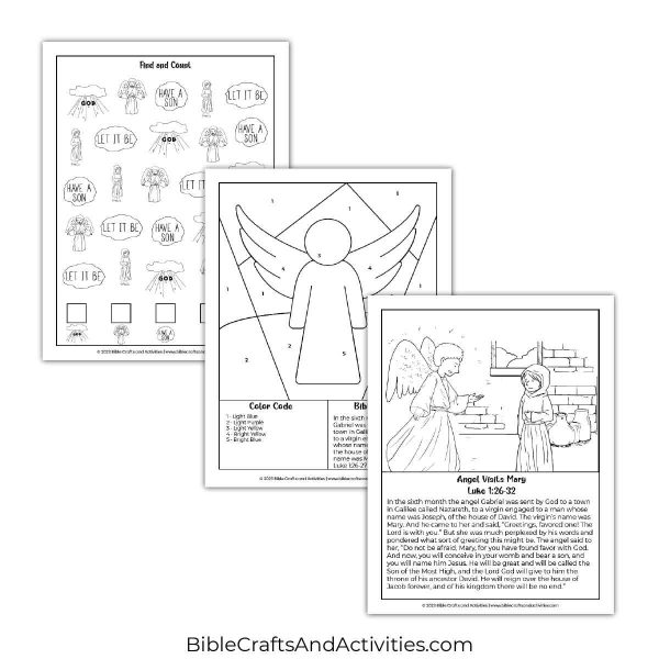 angel visits mary activity pages - I Spy puzzle, color by number, coloring page with scripture.