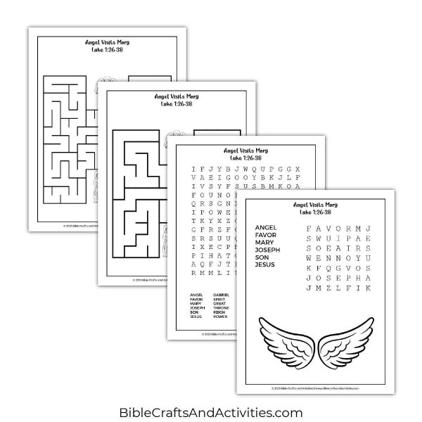 angel visits mary activity pages - mazes and word search puzzles.