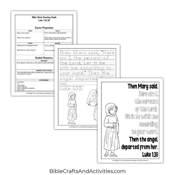 angel visits mary activity pages - copywork and coloring for Luke 1:38.