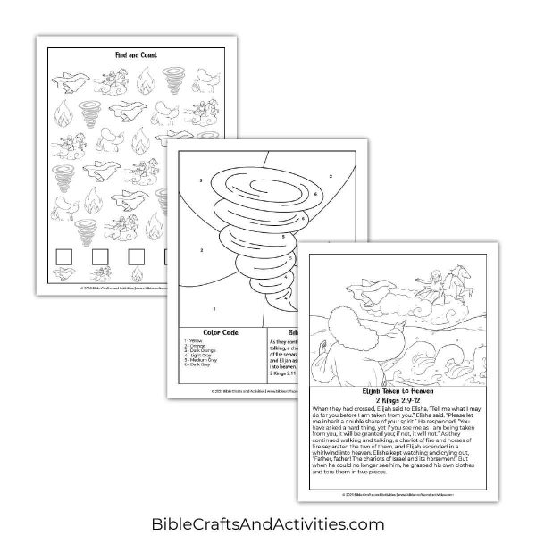 elijah taken to heaven activity pages - I Spy puzzle, color by number, coloring page with scripture.