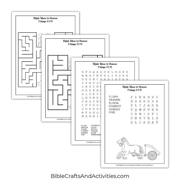 elijah taken to heaven activity pages - mazes and word search puzzles.
