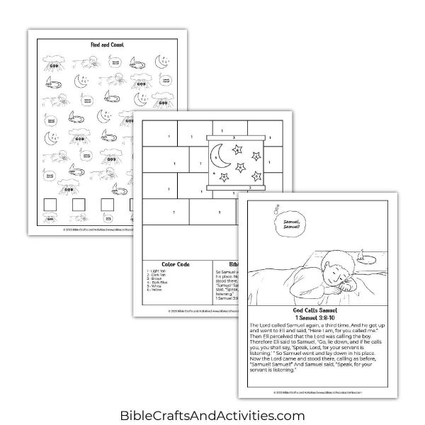 god calls samuel activity pages - I Spy puzzle, color by number, coloring page with scripture.