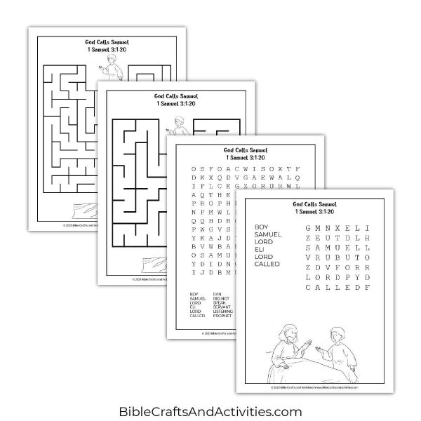 god calls samuel activity pages - mazes and word search puzzles.