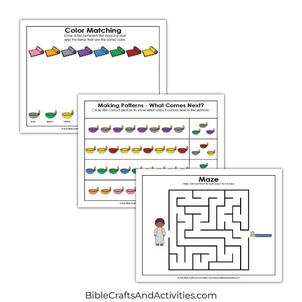 god calls samuel preschool activity pages - color matching, making patterns, maze.