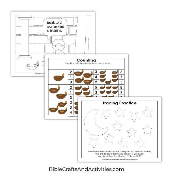 god calls samuel preschool activity pages - coloring, counting, tracing.