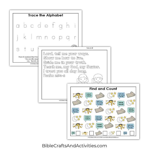 god calls samuel preschool activity pages - trace the alphabet, bible verse coloring, I Spy puzzle.