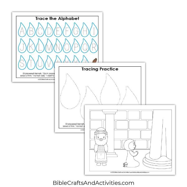 hannah prays preschool activity pages - trace the alphabet, coloring page.