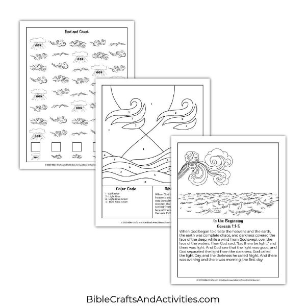 in the beginning activity pages - I Spy puzzle, color by number, coloring page with scripture.