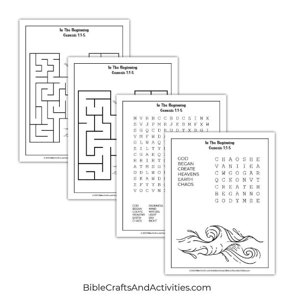 in the beginning activity pages - mazes and word search puzzles.