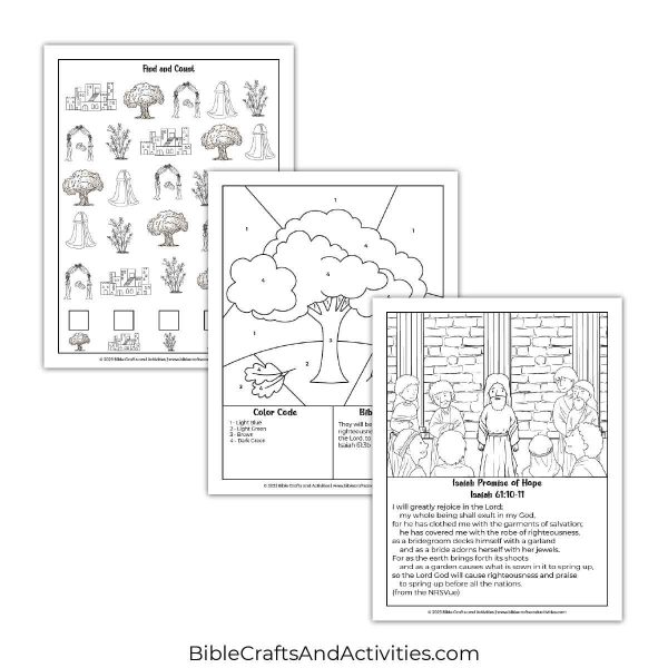 isaiah promise of hope activity pages - I Spy puzzle, color by number, coloring page with scripture.