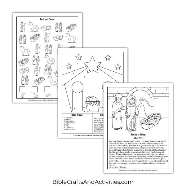 jesus is born activity pages - I Spy puzzle, color by number, coloring page with scripture.