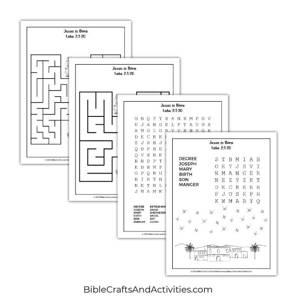 jesus is born activity pages - mazes and word search puzzles.