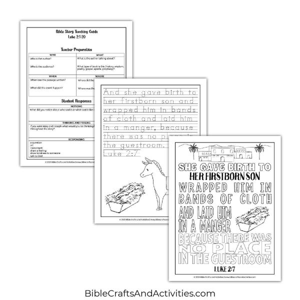 jesus is born activity pages - copywork and coloring for Luke 2:7.