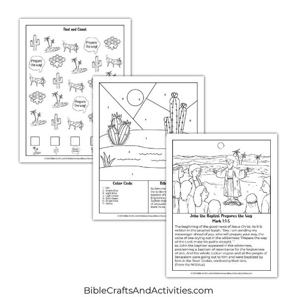 john the baptist prepares the way activity pages - I Spy puzzle, color by number, coloring page with scripture.