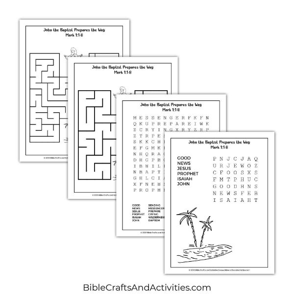 john the baptist prepares the way activity pages - mazes and word search puzzles.