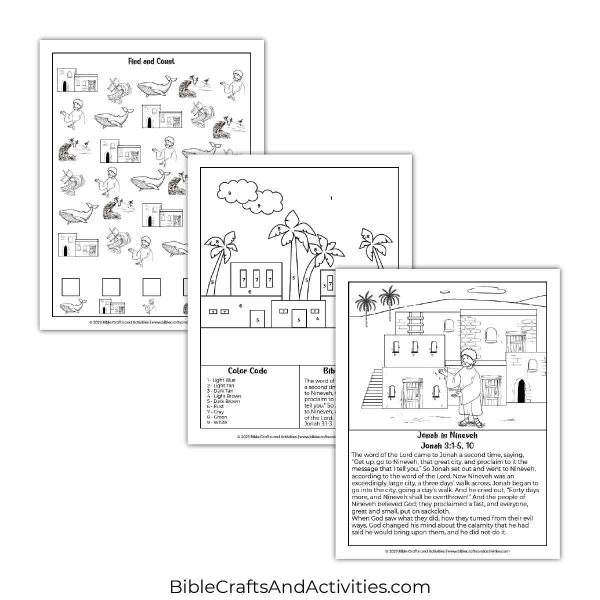 jonah in nineveh activity pages - I Spy puzzle, color by number, coloring page with scripture.