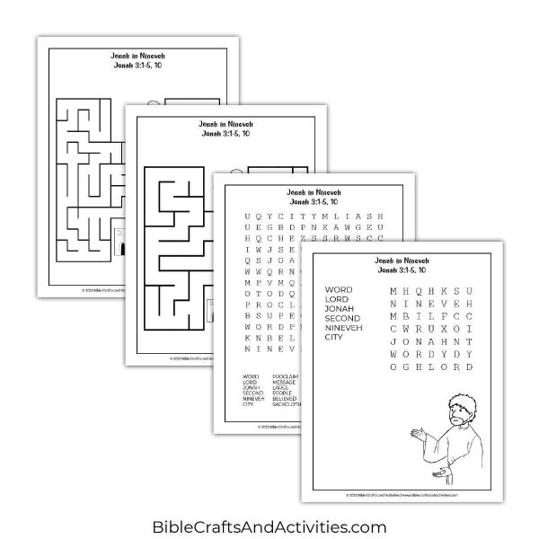 jonah in nineveh activity pages - mazes and word search puzzles.