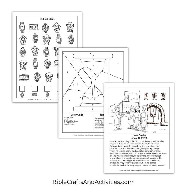 keep awake activity pages - I Spy puzzle, color by number, coloring page with scripture.