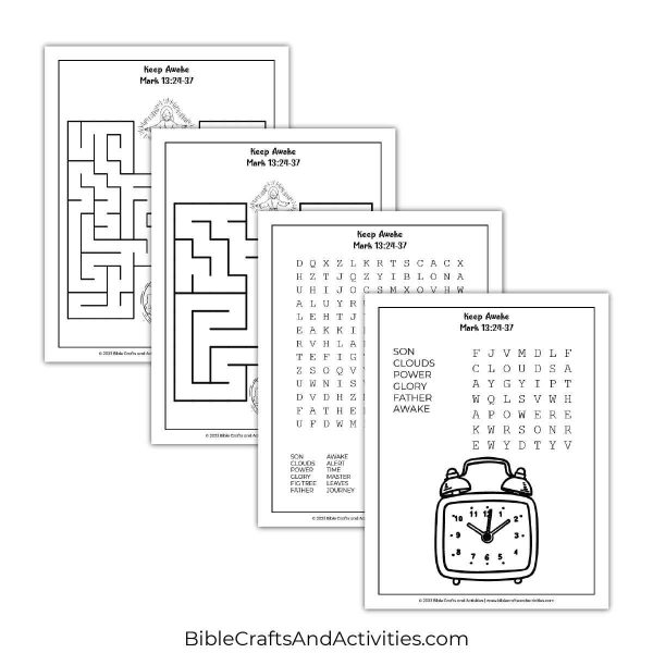 keep awake activity pages - mazes and word search puzzles.