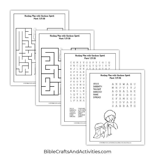 jesus heals man with unclean spirit activity pages - mazes and word search puzzles.