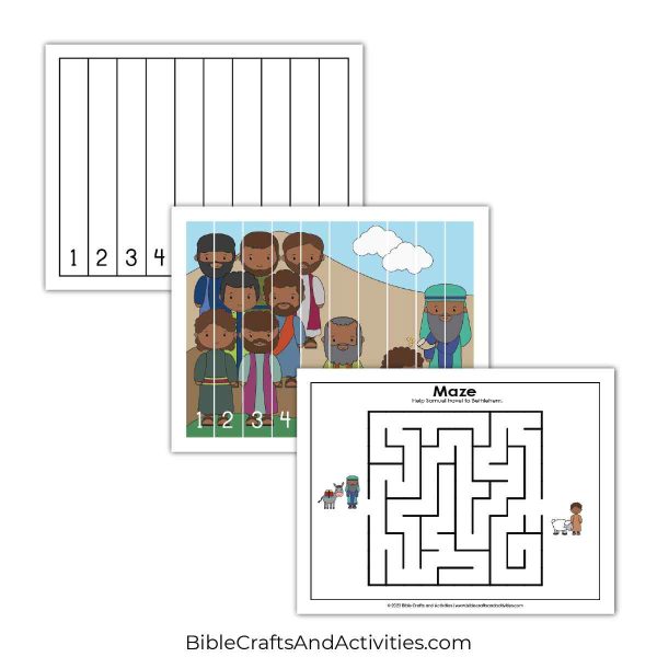samuel anoints david preschool activity pages - puzzle, maze.