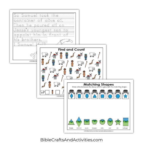 samuel anoints david preschool activity pages - copywork, I Spy puzzle, matching shapes.