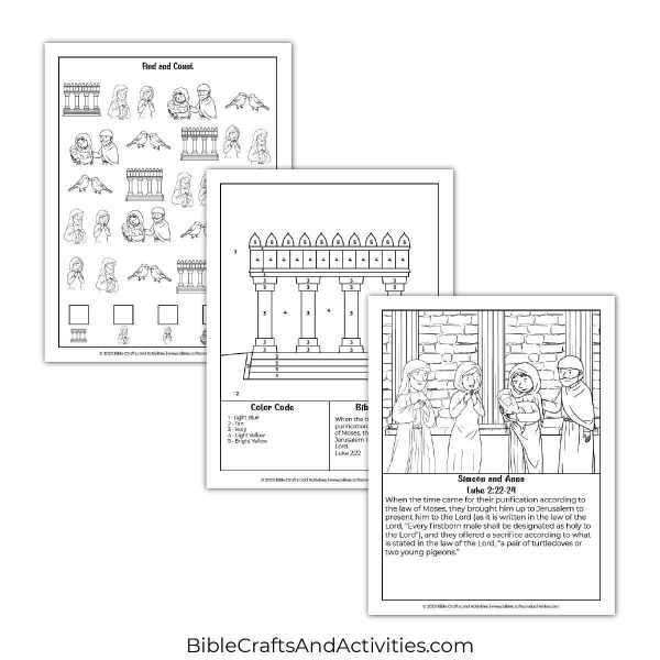 simeon and anna activity pages - I Spy puzzle, color by number, coloring page with scripture.